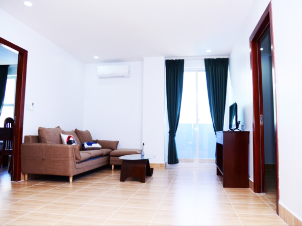 the living room of the 1br serviced apartment for rent in Toul Tom Poung near Mao Tse Boulevard in Phnom Penh Cambodia