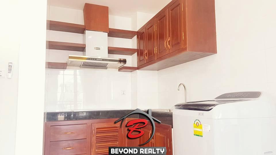 the kitchen of the 2-bedroom spacious serviced apartment rental in Toul Tom Poung