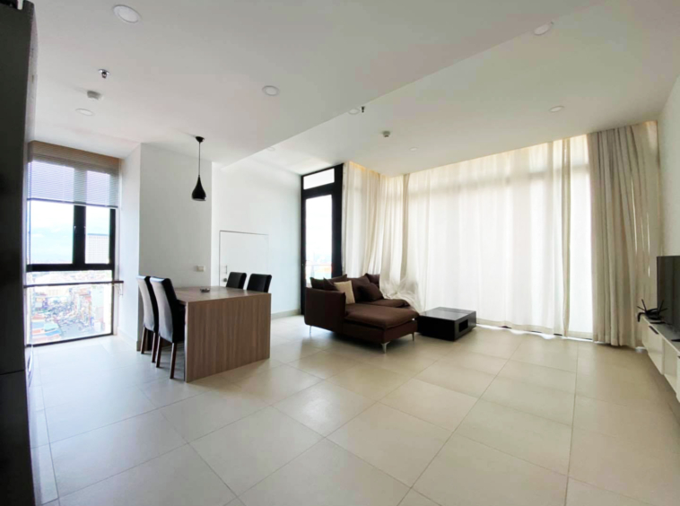 the living room of the 2br river-view luxury condo for sale at Aura Condominium in Daun Penh Phnom Penh Cambodia