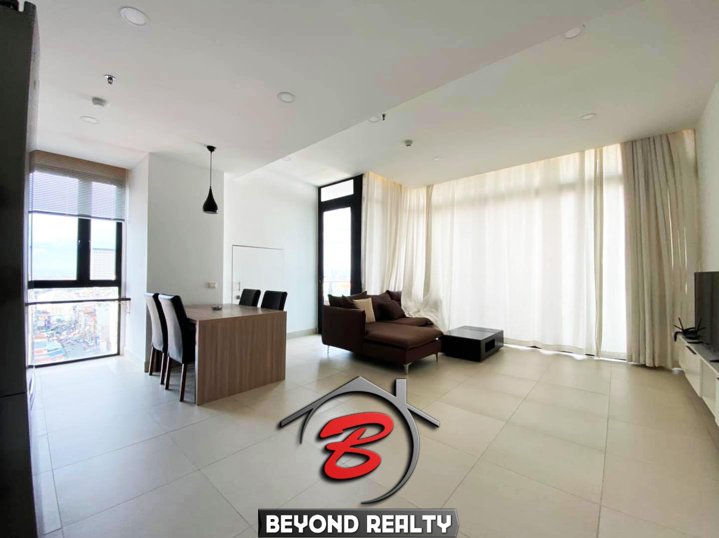 the living room of the 2br river-view luxury condo for sale at Aura Condominium in Daun Penh Phnom Penh Cambodia