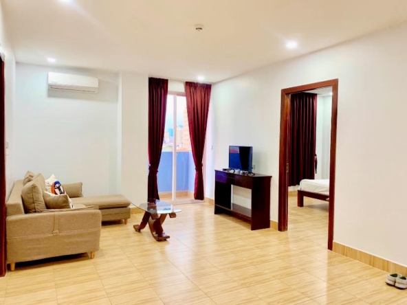 the living room of the 2br serviced apartment for rent in Toul Tom Poung near Mao Tse Boulevard in Phnom Penh Cambodia