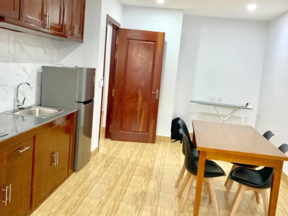the kitchen of the 2br serviced apartment for rent in Toul Tom Poung near Mao Tse Boulevard in Phnom Penh Cambodia