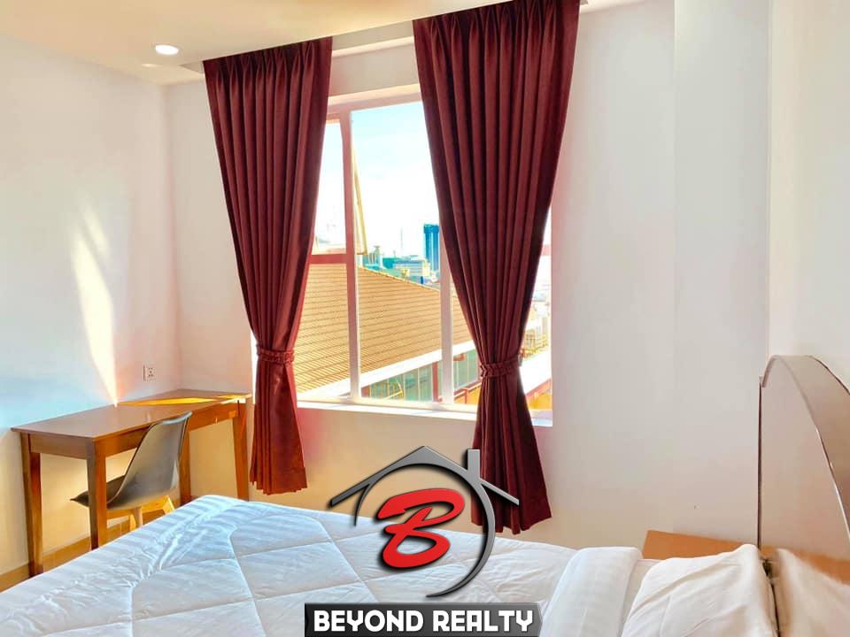 the bedroom of the 2br serviced apartment for rent in Toul Tom Poung near Mao Tse Boulevard in Phnom Penh Cambodia