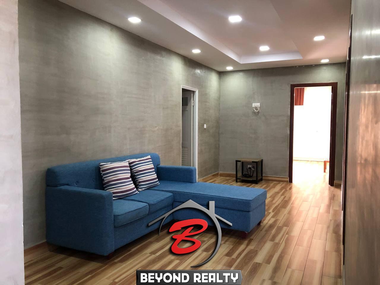 the living room of the 3-bedroom penthouse serviced apartment for rent in Tonle Bassac Phnom Penh Cambodia