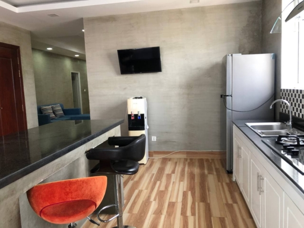 the kitchen of the 3-bedroom penthouse serviced apartment for rent in Tonle Bassac Phnom Penh Cambodia