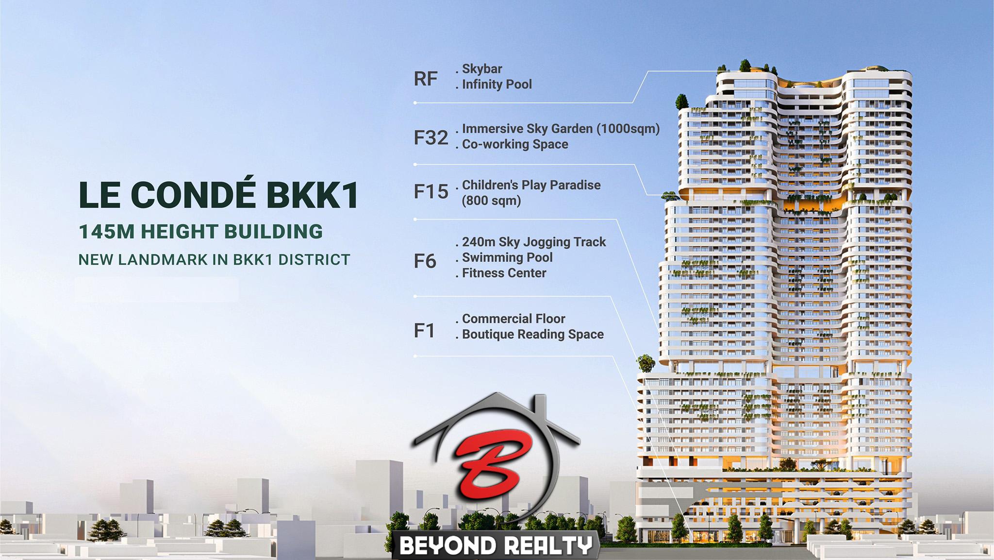 exterior ofLe Conde BKK1 condominium development project in BKK1 Phnom Penh Cambodia with features list