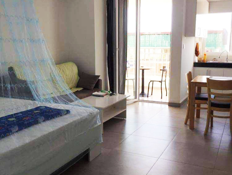 the living room of the modern studio condo resale at CVIK Apartments 3 in Sangkat 4 Sihanoukville Cambodia