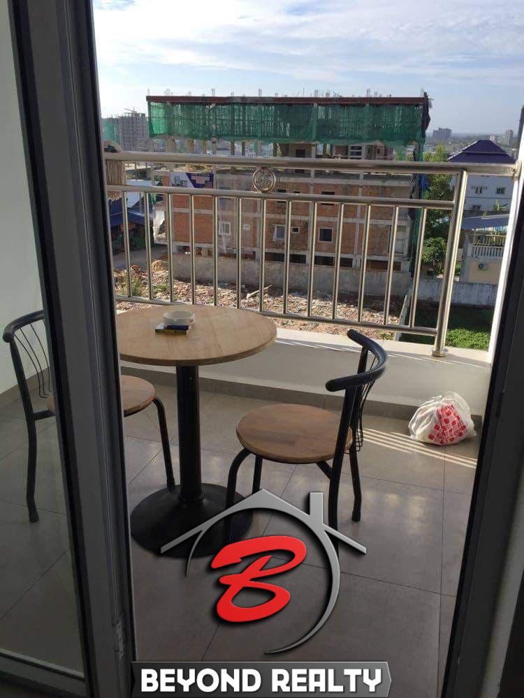 the balcony of the modern studio condo resale at CVIK Apartments 3 in Sangkat 4 Sihanoukville Cambodia