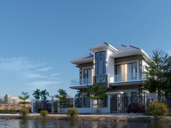 the exterior of the twin villa for sale in Kampot