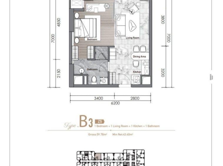 Vue Aston 1 bedroom layout Type B B3